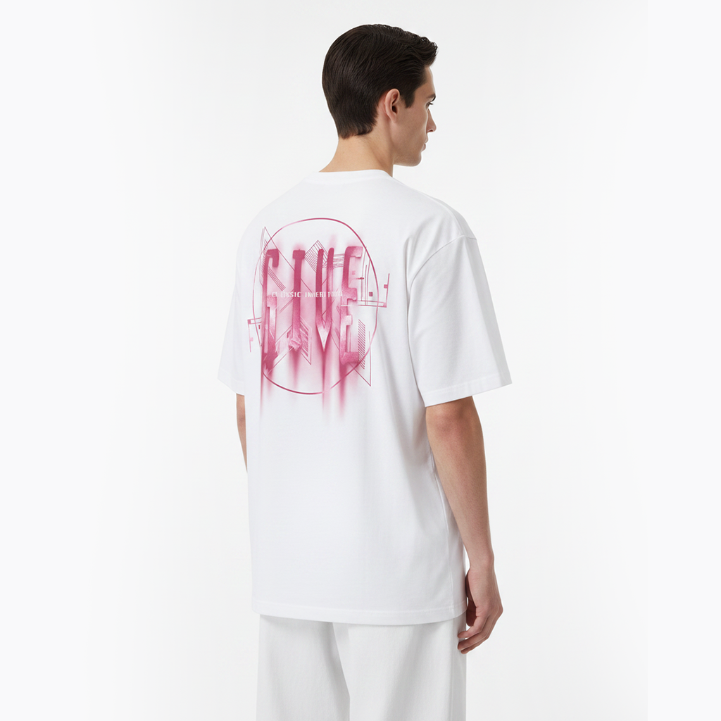Person wearing a white t-shirt with pink graphic design on the back against a white background