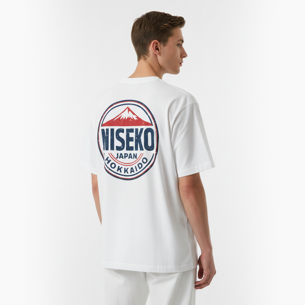 Person wearing a white t-shirt with a Niseko logo on the back against a white background