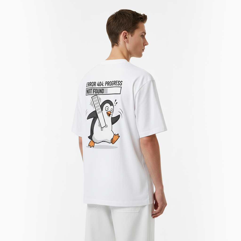 Person wearing a white t-shirt with a penguin graphic and text on the back, standing against a white background.