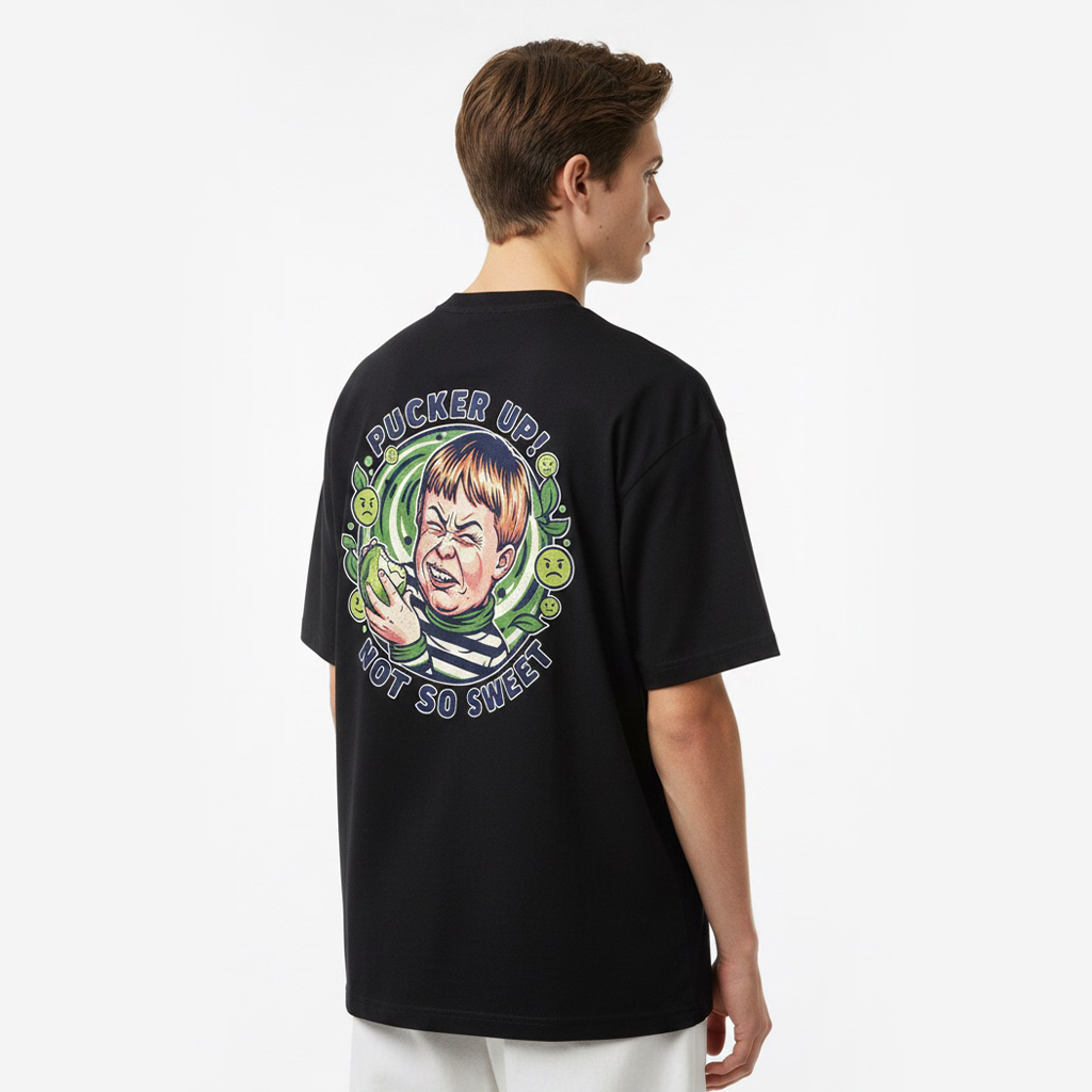 Person wearing a white t-shirt with a graphic design on the back against a white background
