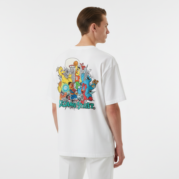 Person wearing a white t-shirt with Sesame Street character design on the back against a white background