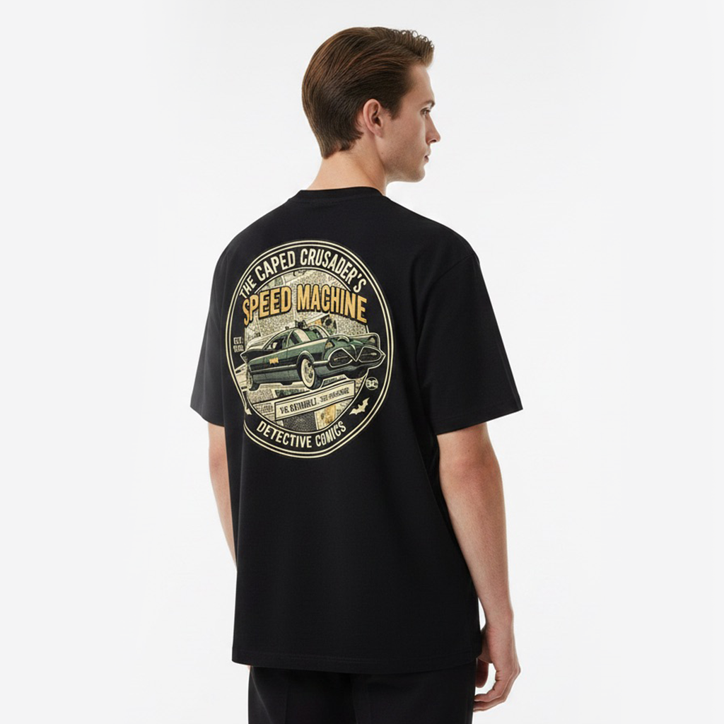 Person wearing a white t-shirt with a graphic design on the back against a white background