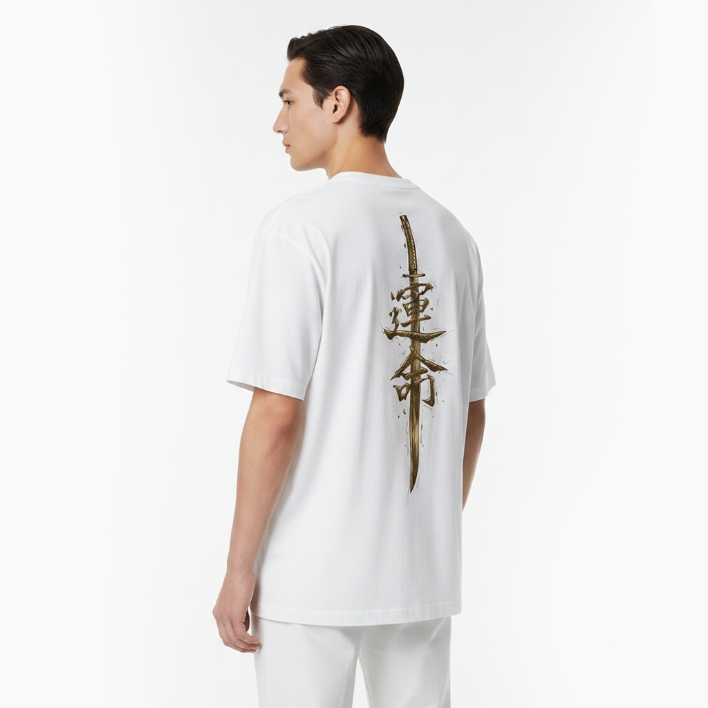 Person wearing a white t-shirt with a design on the back against a white background