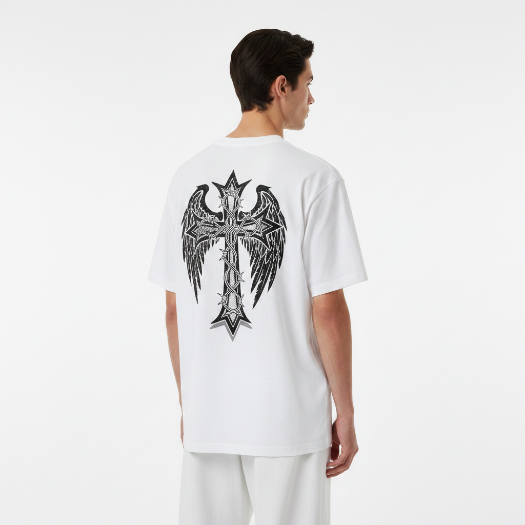 Person wearing a white t-shirt with a black graphic design on the back against a white background