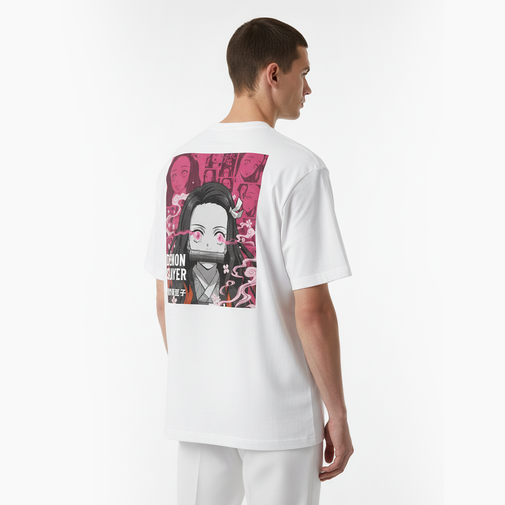 Person wearing a white t-shirt with a colorful graphic on the back against a white background