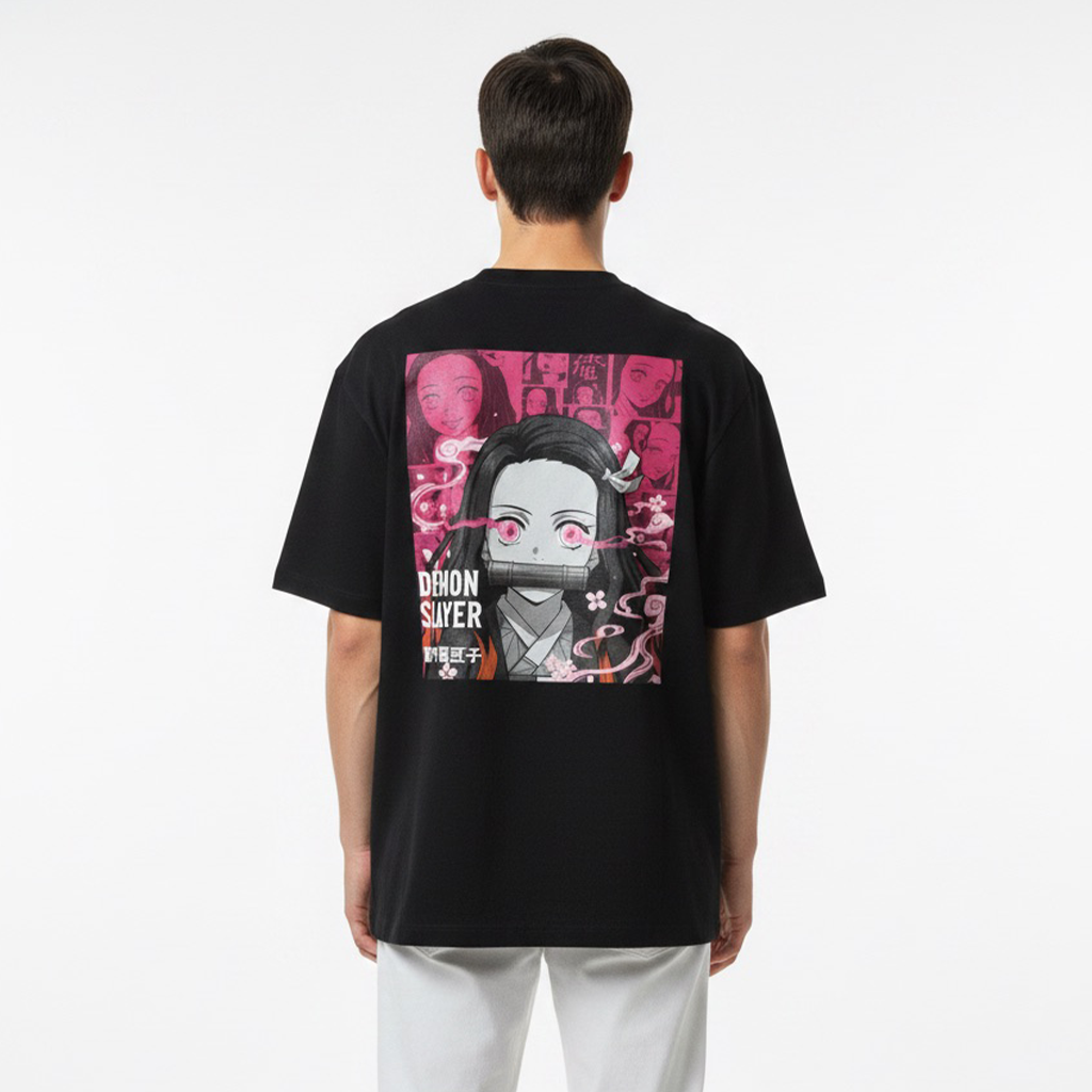 Person wearing a white t-shirt with a colorful graphic on the back against a white background