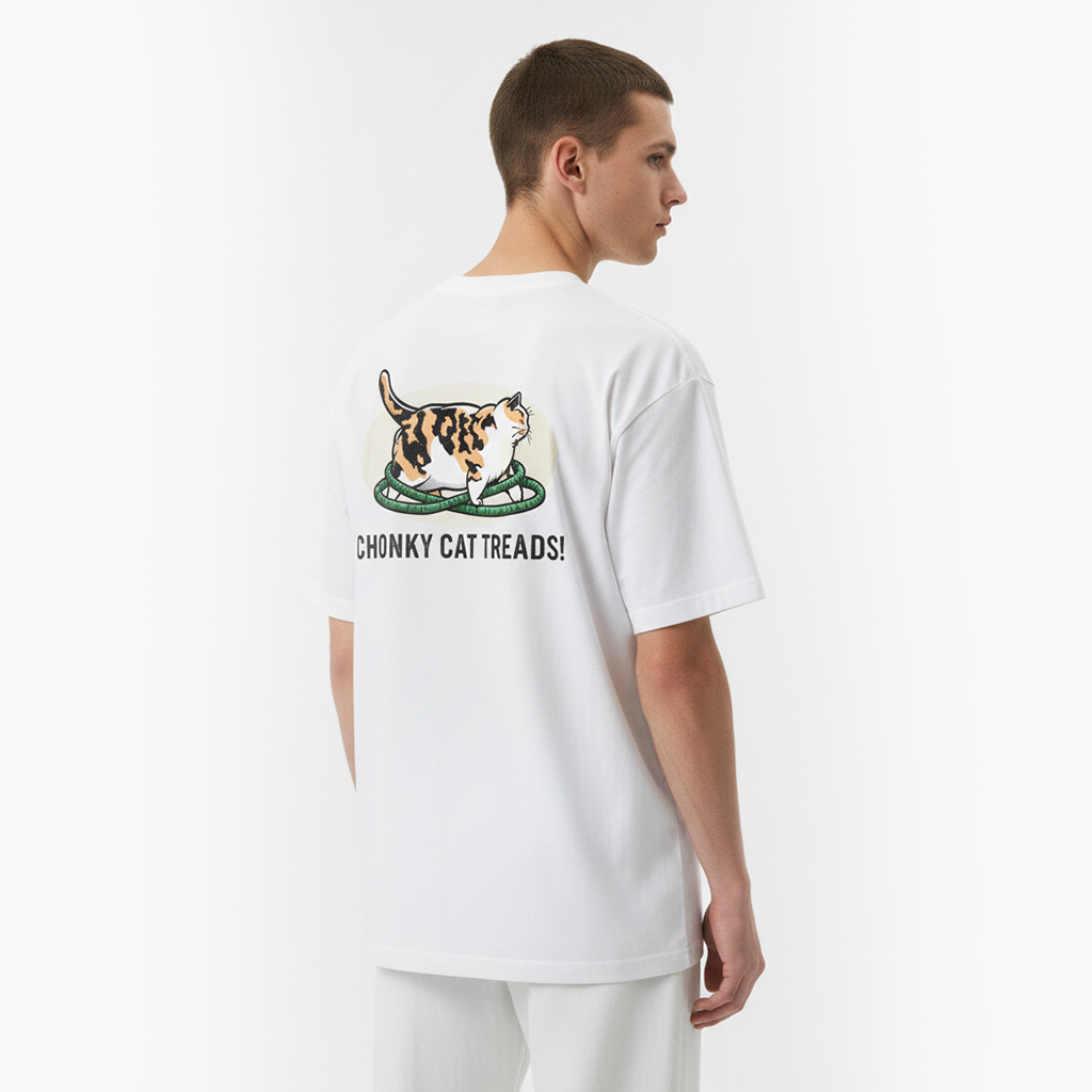 Person wearing a white t-shirt with a cat graphic and text on the back, standing against a white background.