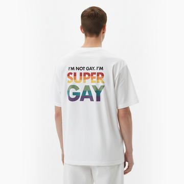 Person wearing a white t-shirt with colorful text on the back