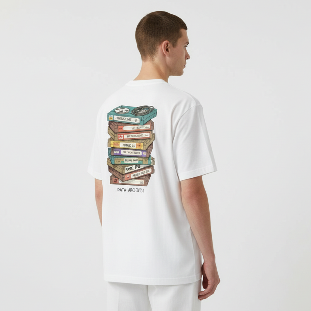 Person wearing a white t-shirt with a graphic design on the back, standing against a plain background