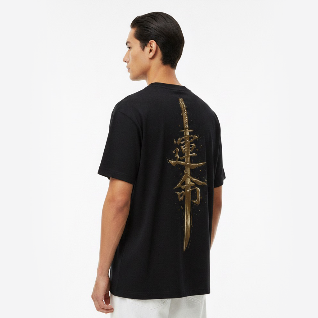 Person wearing a white t-shirt with a design on the back against a white background