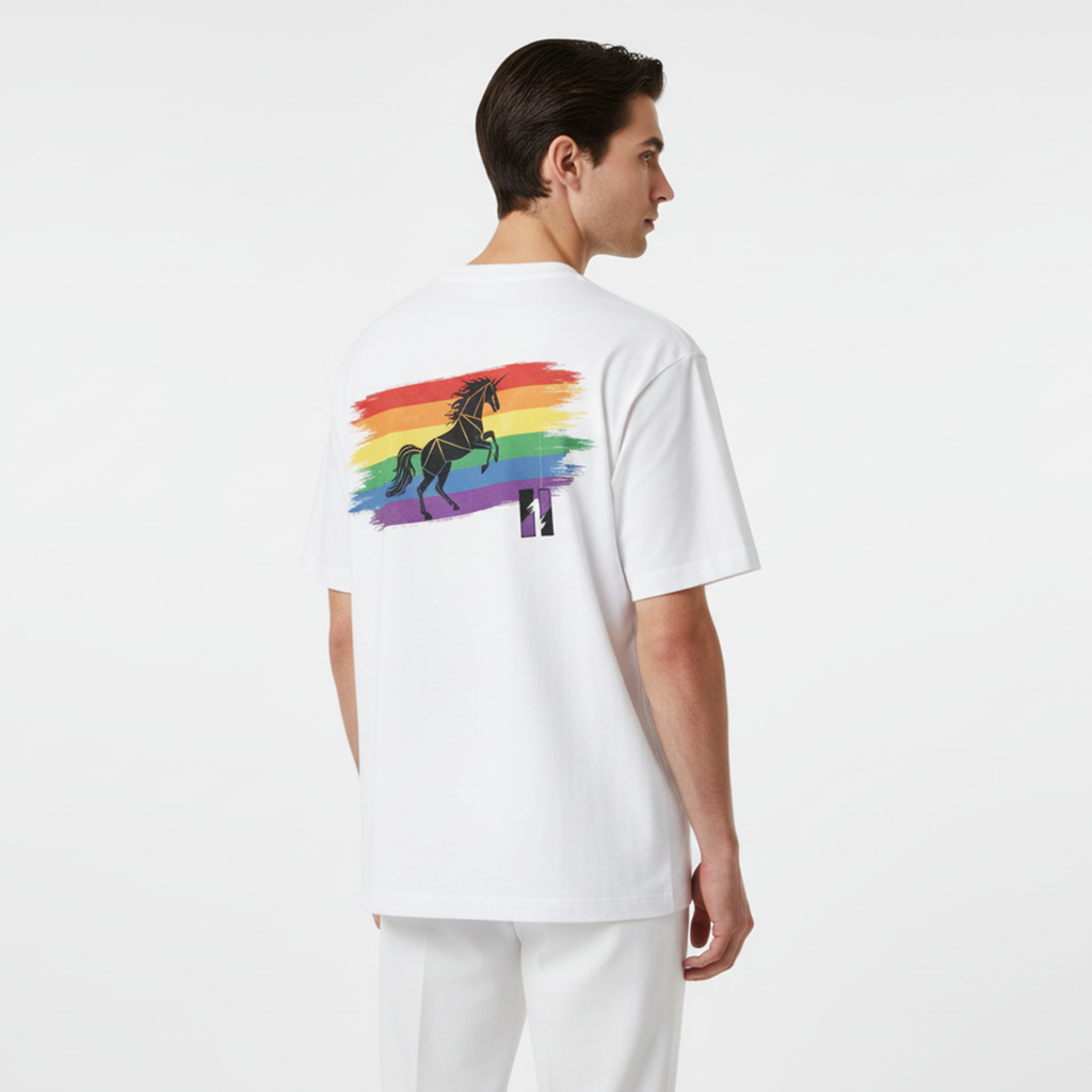 Person wearing a white t-shirt with a colorful graphic on the back against a white background