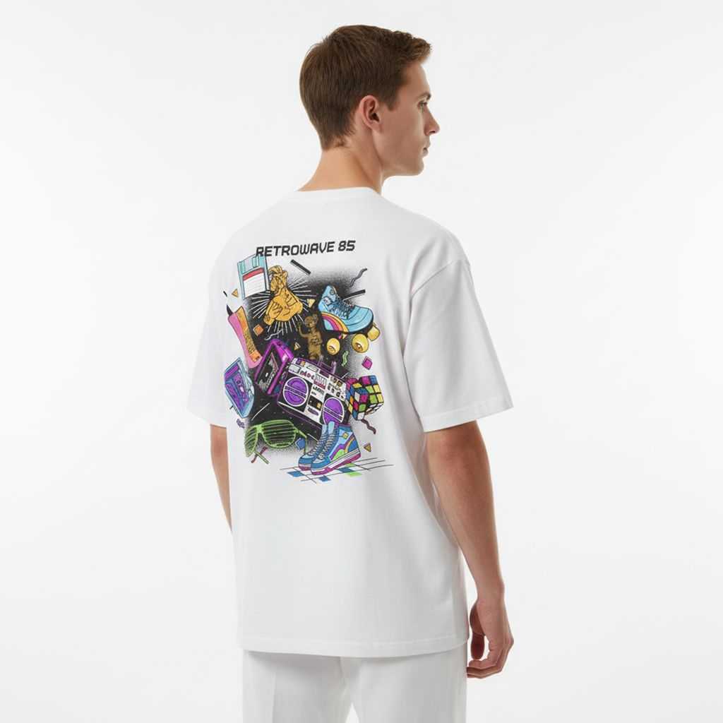Person wearing a white t-shirt with colorful graphic design on the back, standing against a plain background.