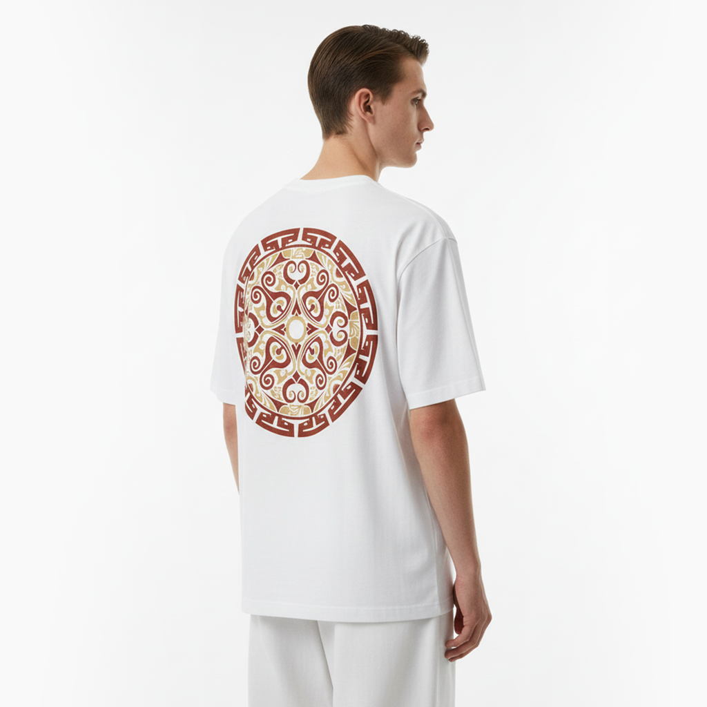 Person wearing a white t-shirt with a red and gold geometric pattern on the back, standing against a white background.