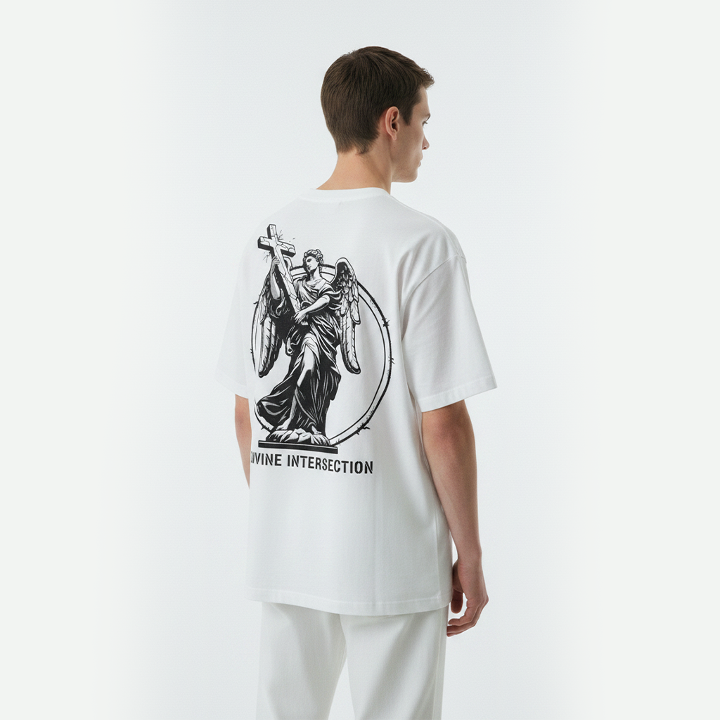 Person wearing a white t-shirt with a black graphic design on the back against a white background