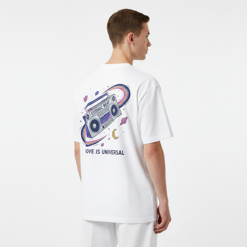 Person wearing a white t-shirt with a colorful graphic and text on the back, standing against a plain background.