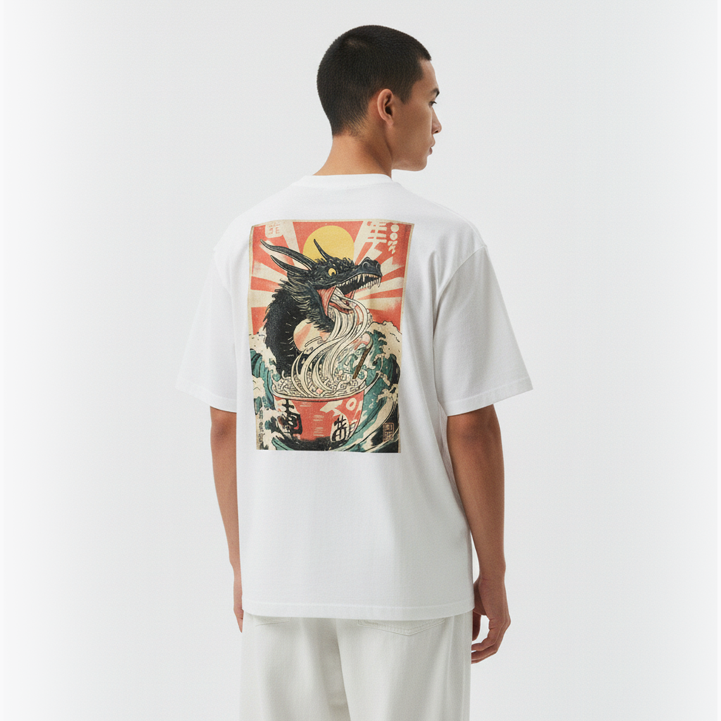Person wearing a white t-shirt with a dragon design on the back against a plain background