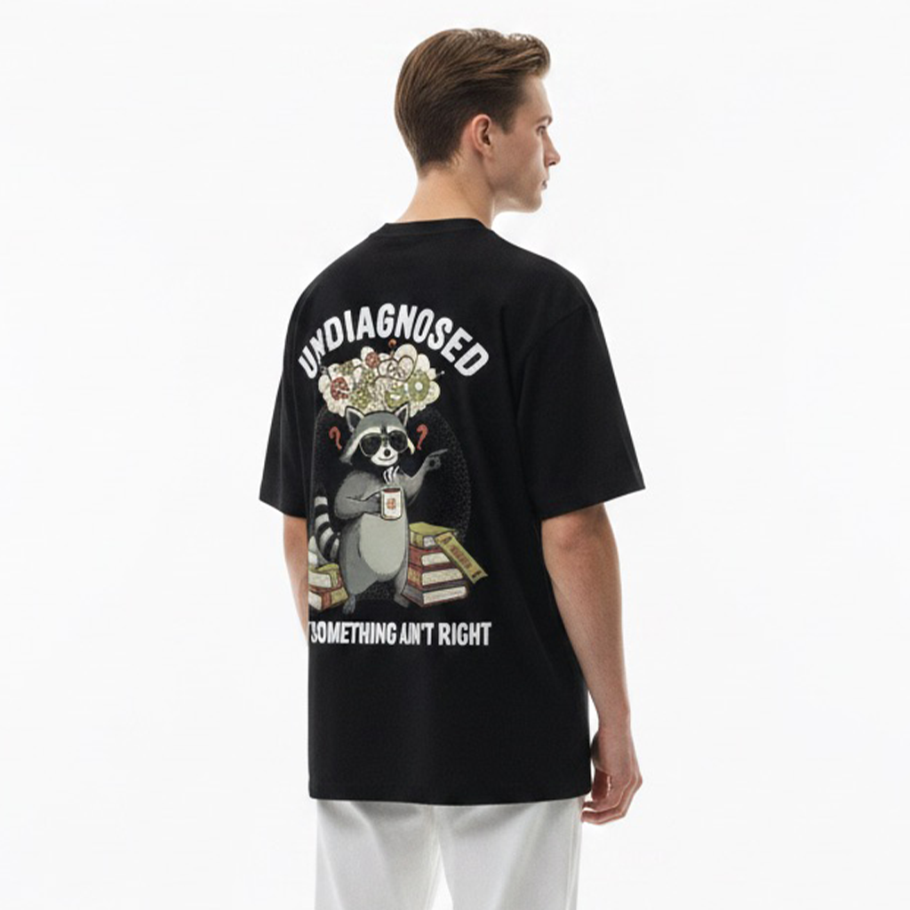 Person wearing a white t-shirt with a graphic design on the back against a white background
