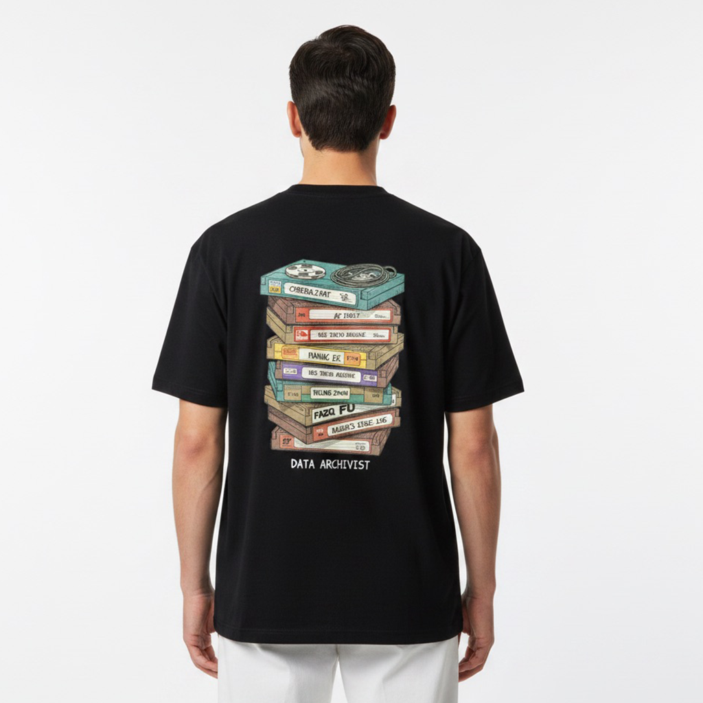 Person wearing a white t-shirt with a graphic design on the back, standing against a plain background