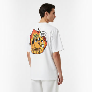 Person wearing a white t-shirt with a colorful graphic on the back against a white background